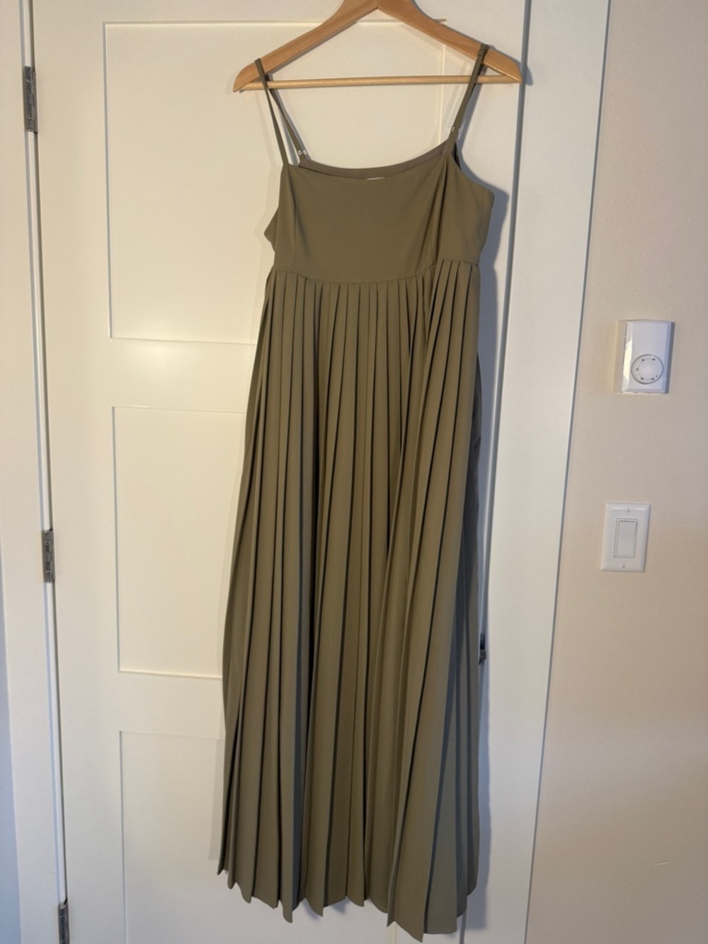 Mare mare x Anthropologie Olive Green Pleated Spaghetti-Strap Maxi Dress